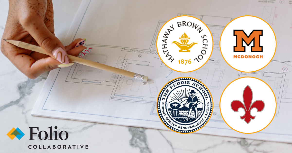 Woman's hand holding pencil pointing to blueprint with logos for Hathaway Brown School, McDonogh School, The Peddie School, and St. Christopher's School
