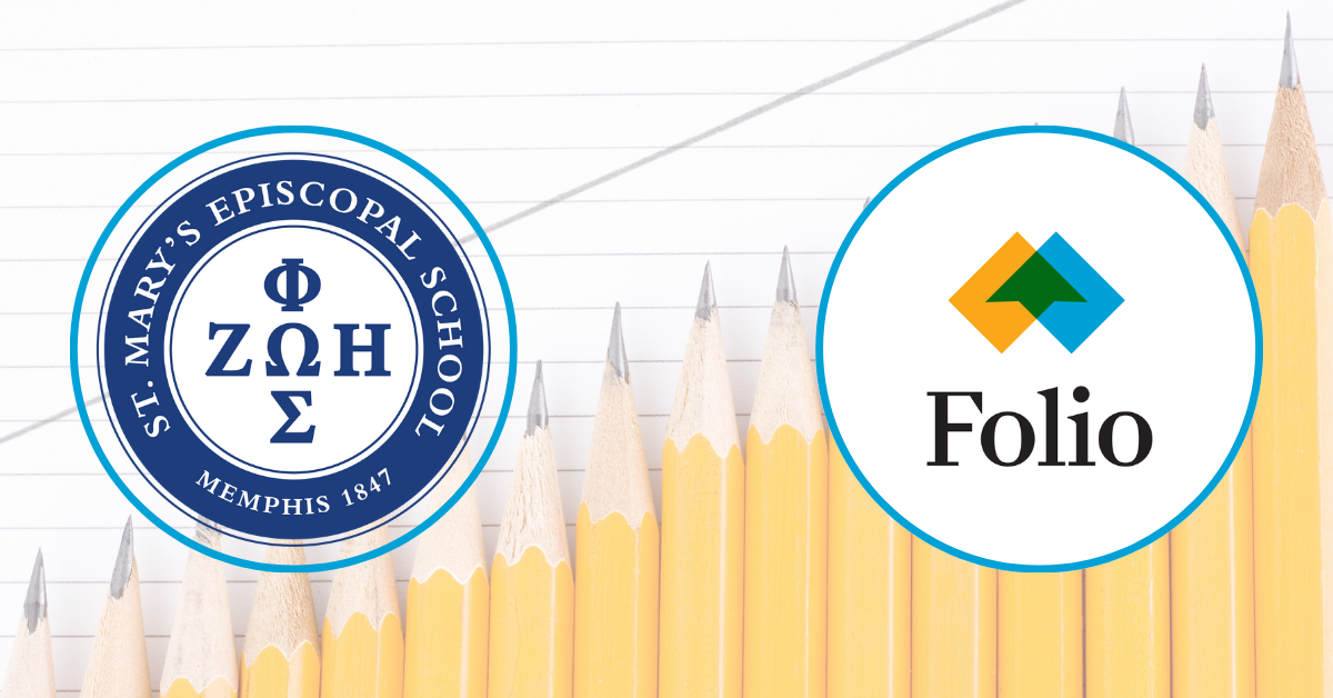 Logo of St. Mary's Episcopal School alongside Folio logo with image of sharpened pencils growing taller from left to right in the background