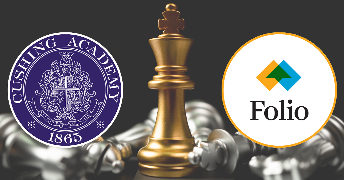 Gold chess piece upright with silver chess pieces on their sides and logos for Cushing Academy and Folio Collaborative super imposed