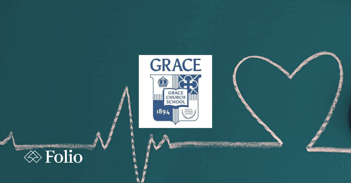 Chalkboard with heartbeat line drawn across it featuring Grace Church School logo in center.
