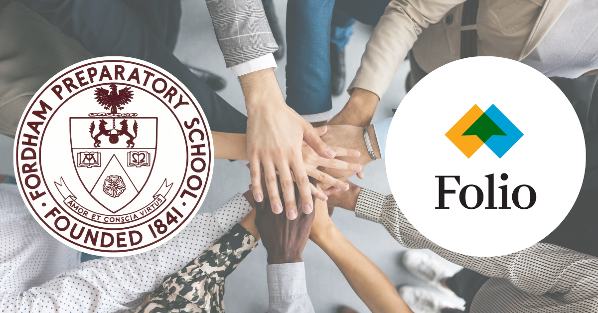 Hands arranged in a circle with logo for Fordham Preparatory School on the left and logo for Folio Collaborative on the right