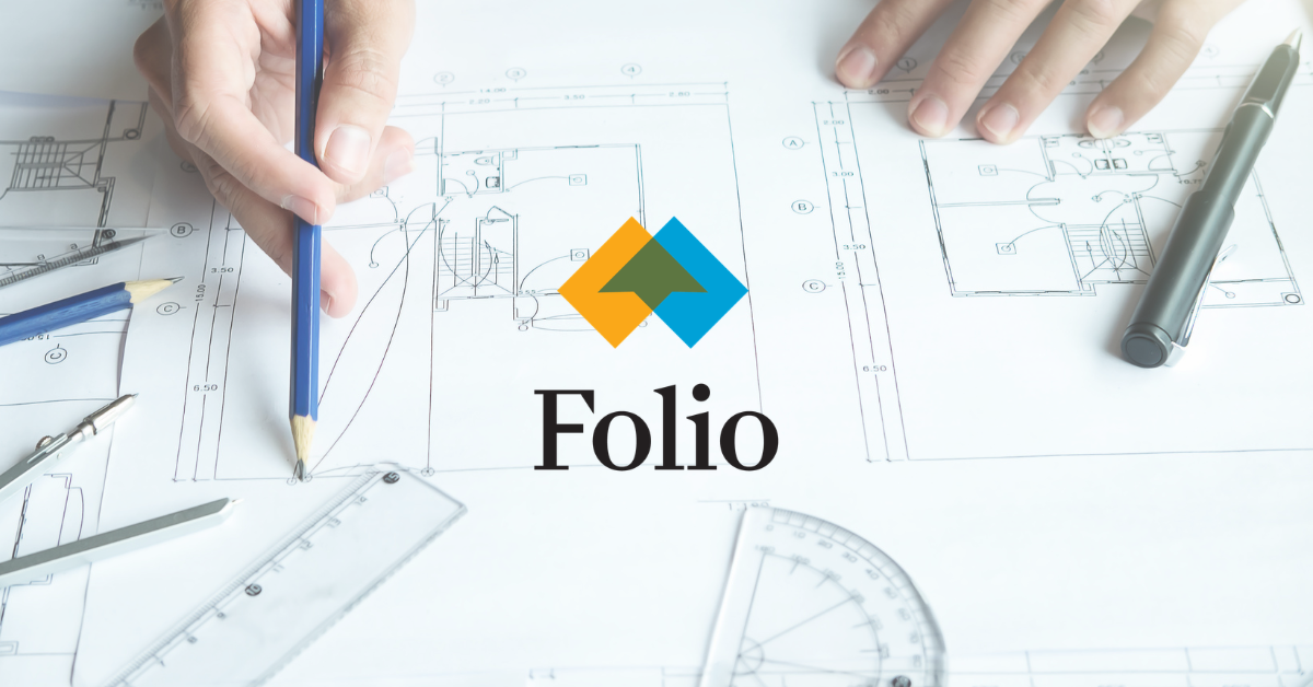 Folio logo superimposed over blueprints with hand holding pencil