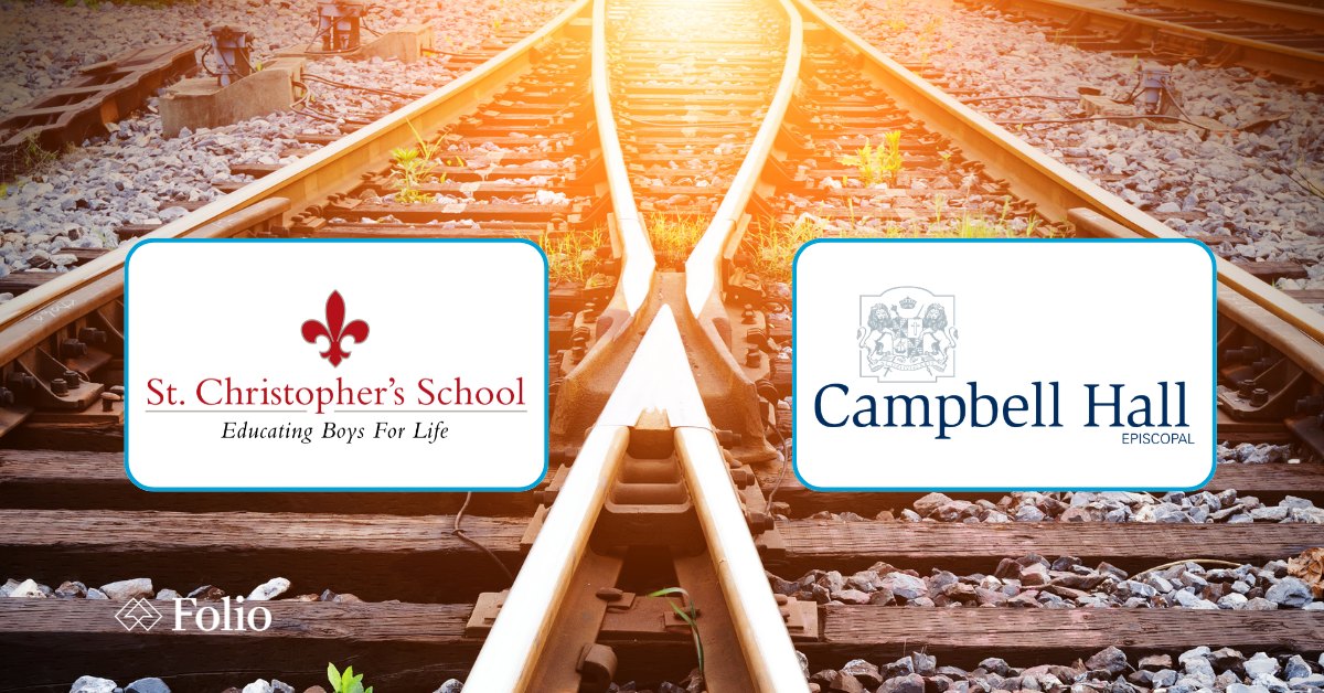Campbell Hall Episcopal School logo and St. Christopher's School logo in front of set of train tracks coming together