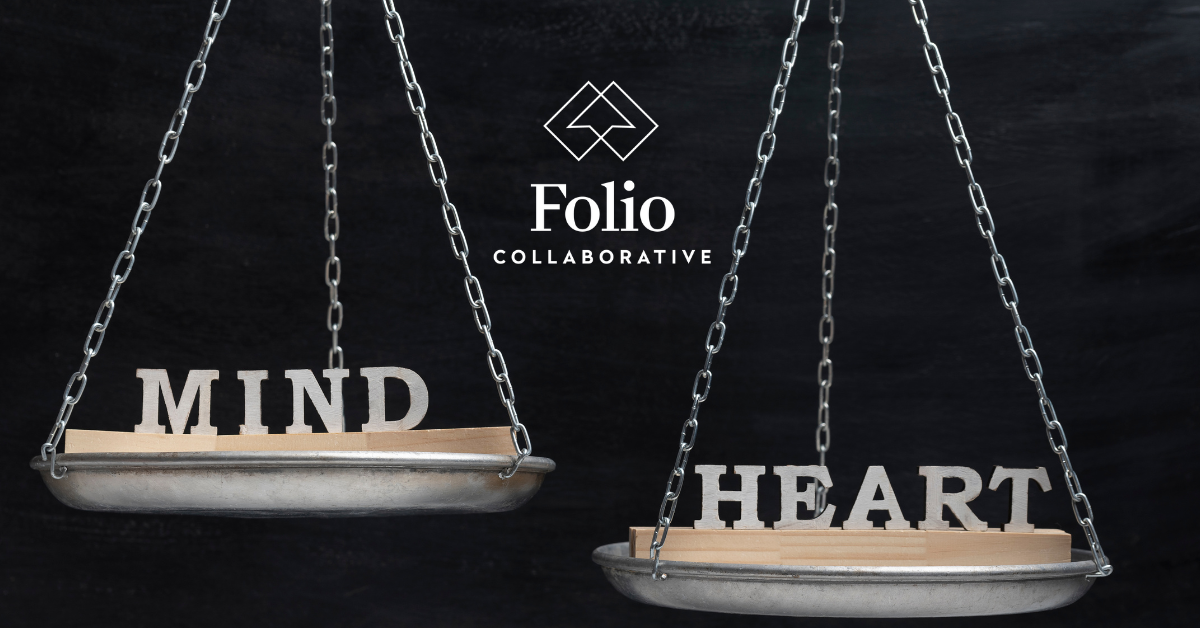 Folio Collaborative logo between two scales, the left one holding the word 'mind' and the heavier right one holding the word 'heart.'