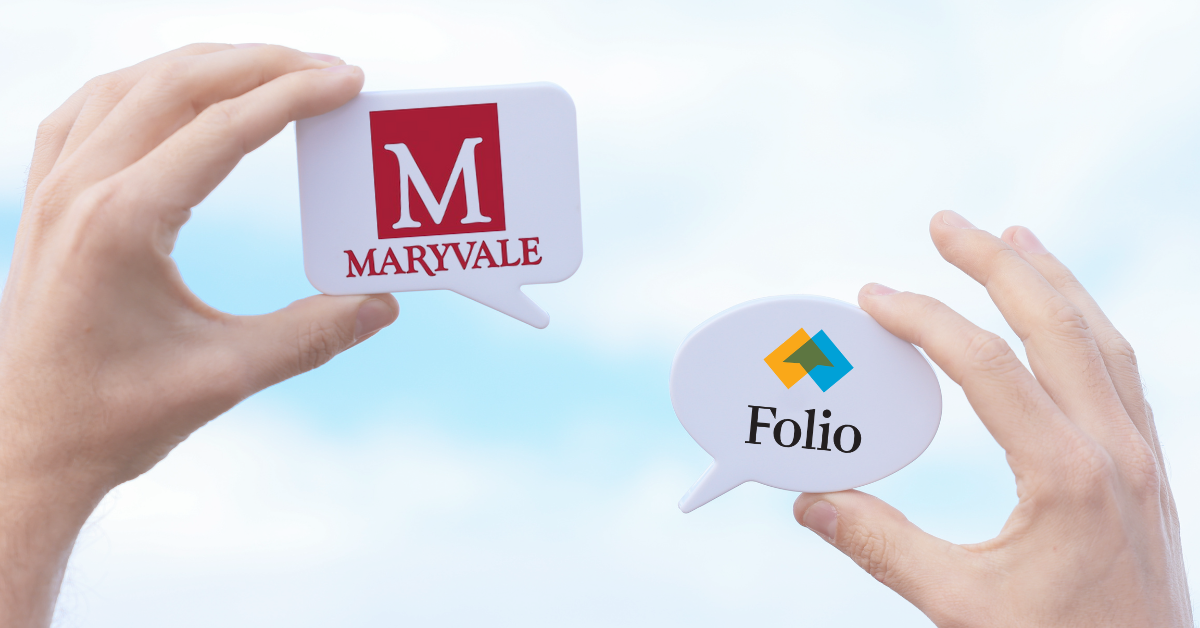 Maryvale Preparatory School logo and Folio Collaborative logo pictured inside conversation bubbles over a background of blue sky and clouds